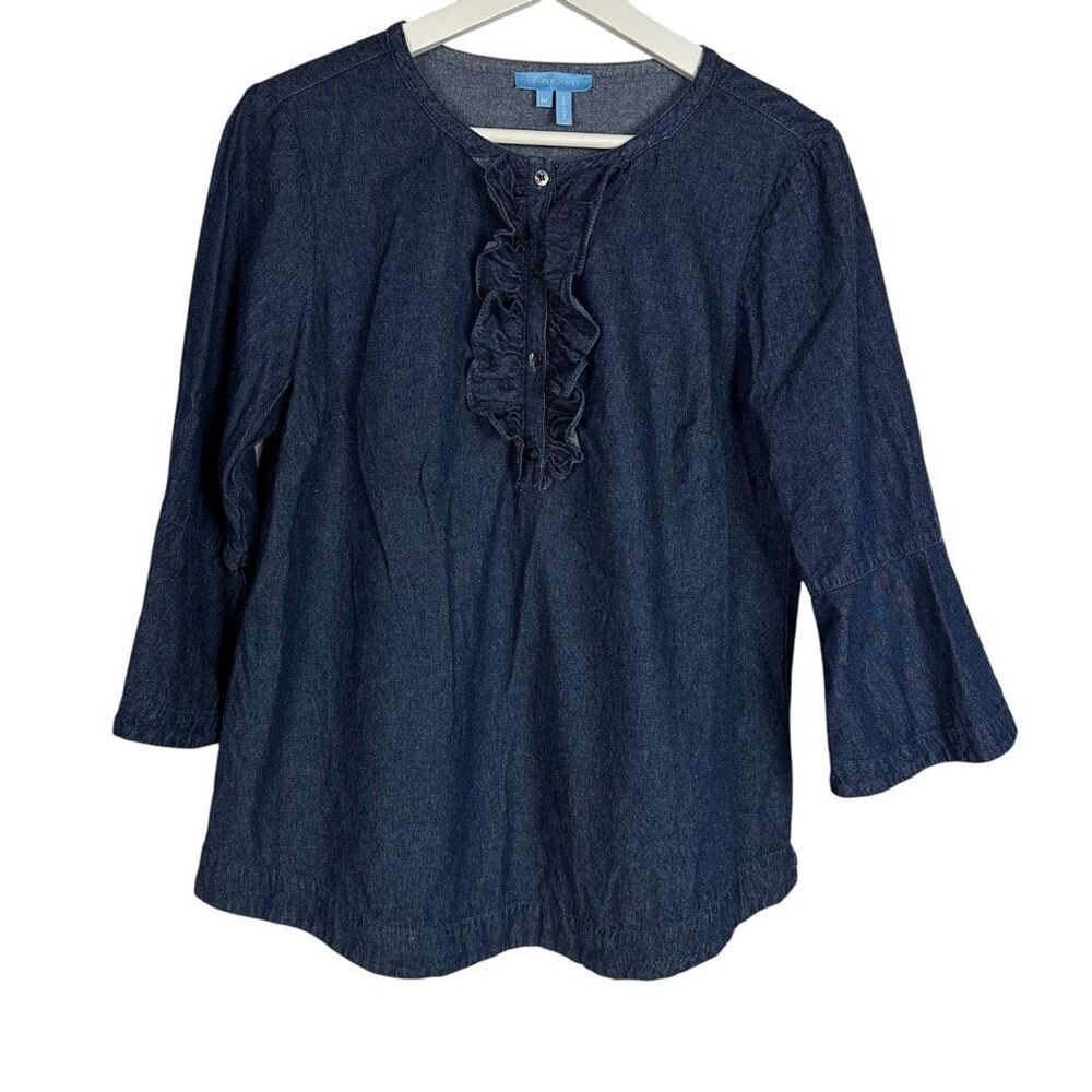 Draper James Womens Medium Ruffle Placket Top Chambray Denim Shirt